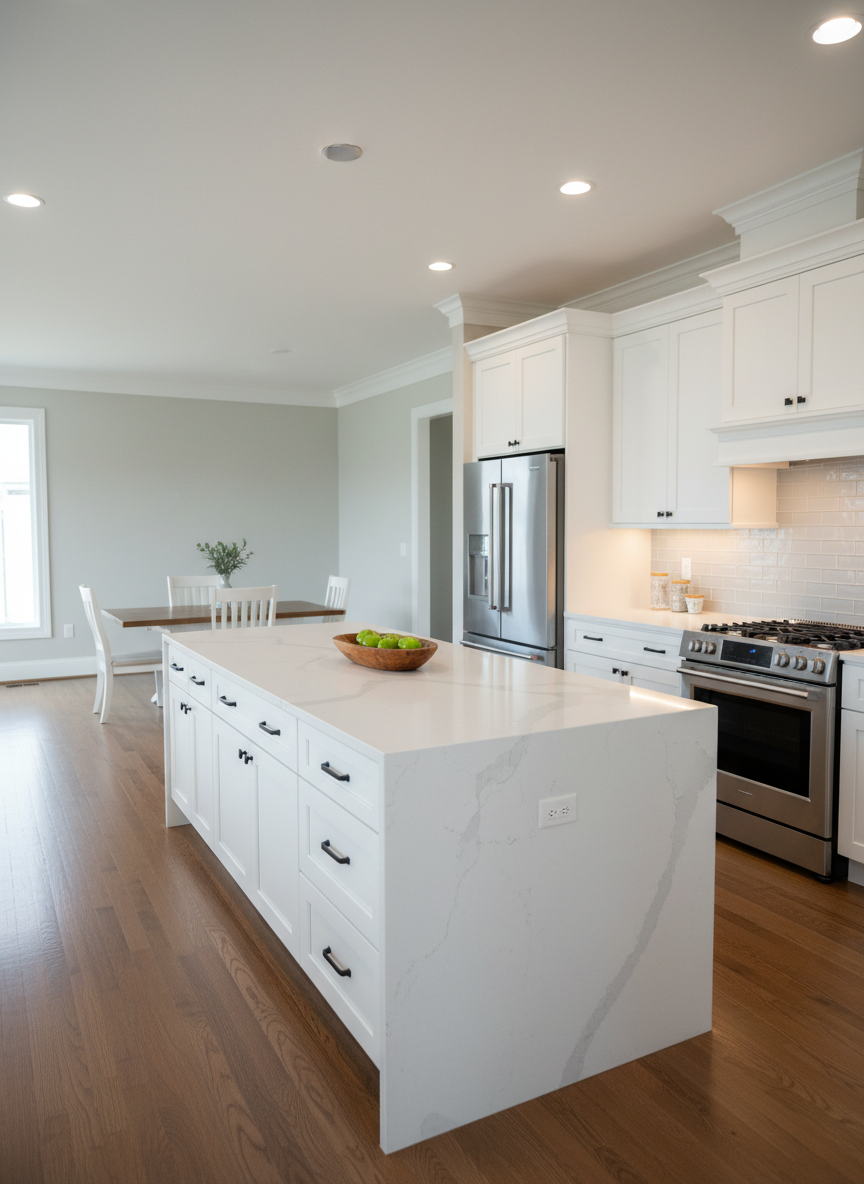 An elegant, modern kitchen interior with white shaker cabinets, subtle matte black hardware, and a large center island topped with veined white quartz, captured in photographic realism. Stainless steel appliances reflect the soft, cool daylight streaming in from an unseen window, while under-cabinet lighting creates a subtle glow along a pale gray subway tile backsplash. On the island, a simple wooden bowl holds a few bright green apples, adding a touch of color. The polished hardwood floor runs the length of the open-plan space, leading toward a blurred dining area in the distance. Shot from a slightly elevated angle with sharp focus and a wide field of view, the composition feels spacious, uncluttered, and move-in ready, perfect for a professional real estate listing.
