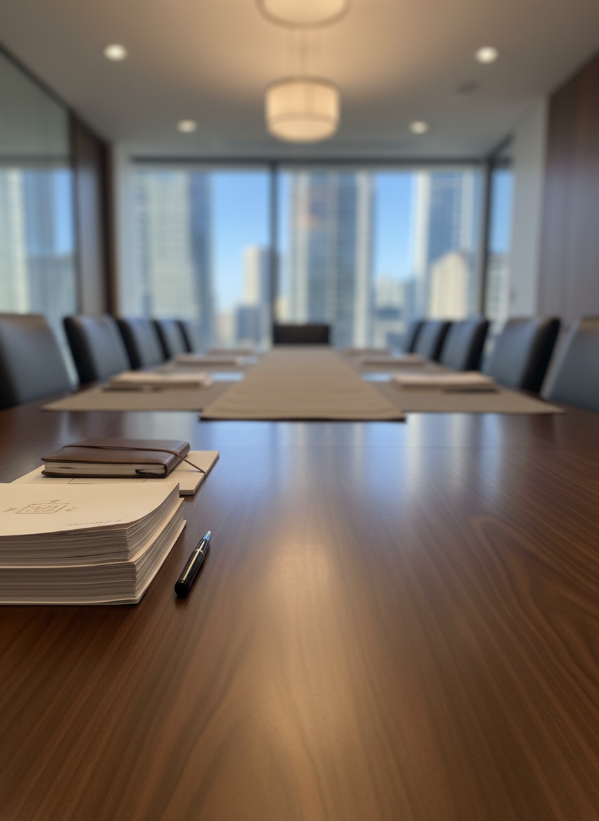 A polished conference table in a modern real estate office, captured in crisp photographic realism to convey professionalism and trust. The table is a long rectangle of dark walnut wood with a smooth, satin finish, extending into the distance and anchored by a central runner of neutral fabric. On the near end, a stack of neatly arranged property folders, a single closed notebook, and a sleek black pen rest aligned with care. The surrounding environment is softly blurred, but hints of glass walls and a cityscape beyond are visible. Overhead, recessed lighting casts an even, warm illumination across the table, creating subtle reflections in the wood grain. Shot from a low, linear perspective down the table, the composition suggests readiness for serious, organized real estate transactions.