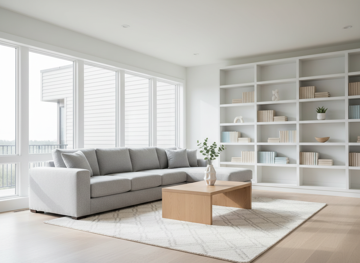 A bright, carefully staged living room designed to showcase real estate, featuring a neutral color palette and clean lines in photographic realism. A light gray fabric sectional with crisp edges faces an unseen focal point, while a rectangular oak coffee table with a smooth surface sits centered on a soft, textured ivory rug. On the table, a single ceramic vase holds a few simple green branches. Large floor-to-ceiling windows along one wall flood the room with soft, natural daylight, casting gentle, elongated shadows across the floor. Built-in white shelving along the opposite wall holds a few neatly arranged books and decor objects. Shot from a wide, eye-level perspective with sharp focus throughout, the scene feels airy, balanced, and professionally arranged for a listing.