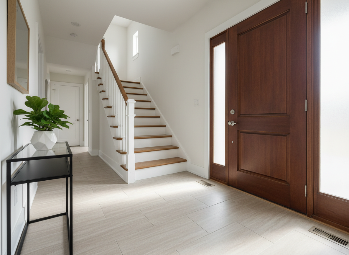 A sunlit entryway of a move-in-ready home, captured in realistic photographic detail. The scene features a solid wood front door with a warm walnut stain and vertical glass inserts that allow soft, diffused daylight to stream into the space. The floor is covered in large-format, light beige porcelain tiles with subtle texture, leading toward a staircase with white risers and natural oak treads. Along one wall, a narrow console table in matte black metal and glass holds a small, structured planter with a thriving green plant. The light creates delicate reflections on the floor and railings, with gentle shadows adding depth. Shot from a slightly elevated angle, the composition guides the eye inward, conveying a welcoming, polished, and professional first impression of the property.