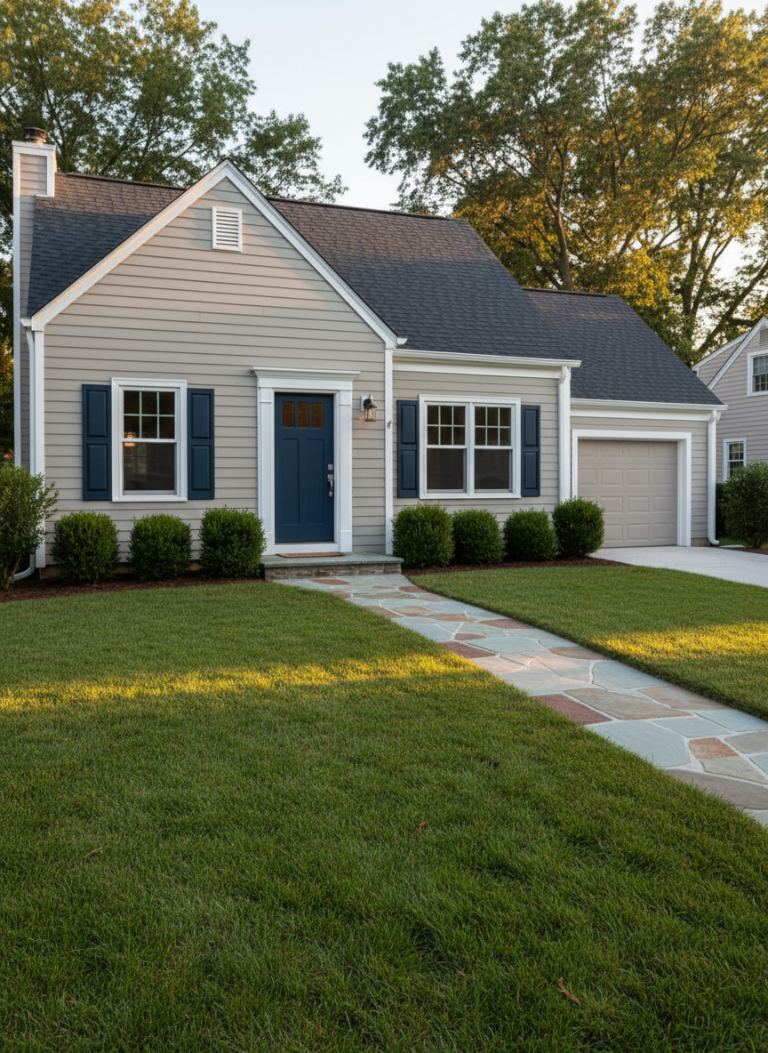A welcoming, well-maintained suburban home with light taupe siding, crisp white trim, and a dark charcoal shingle roof, photographed in realistic detail. The front yard features a lush green lawn, neatly trimmed hedges, and a stone pathway leading to a classic navy-blue front door with a modern brushed-nickel handle. Soft golden hour sunlight casts warm highlights on the facade and gentle shadows across the lawn. A clean concrete driveway and an attached two-car garage are visible to one side. Shot at eye level with a balanced, wide-angle composition, the background softly blurred to emphasize the house. The atmosphere is calm, secure, and inviting, with a professional, clean, modern real estate aesthetic.