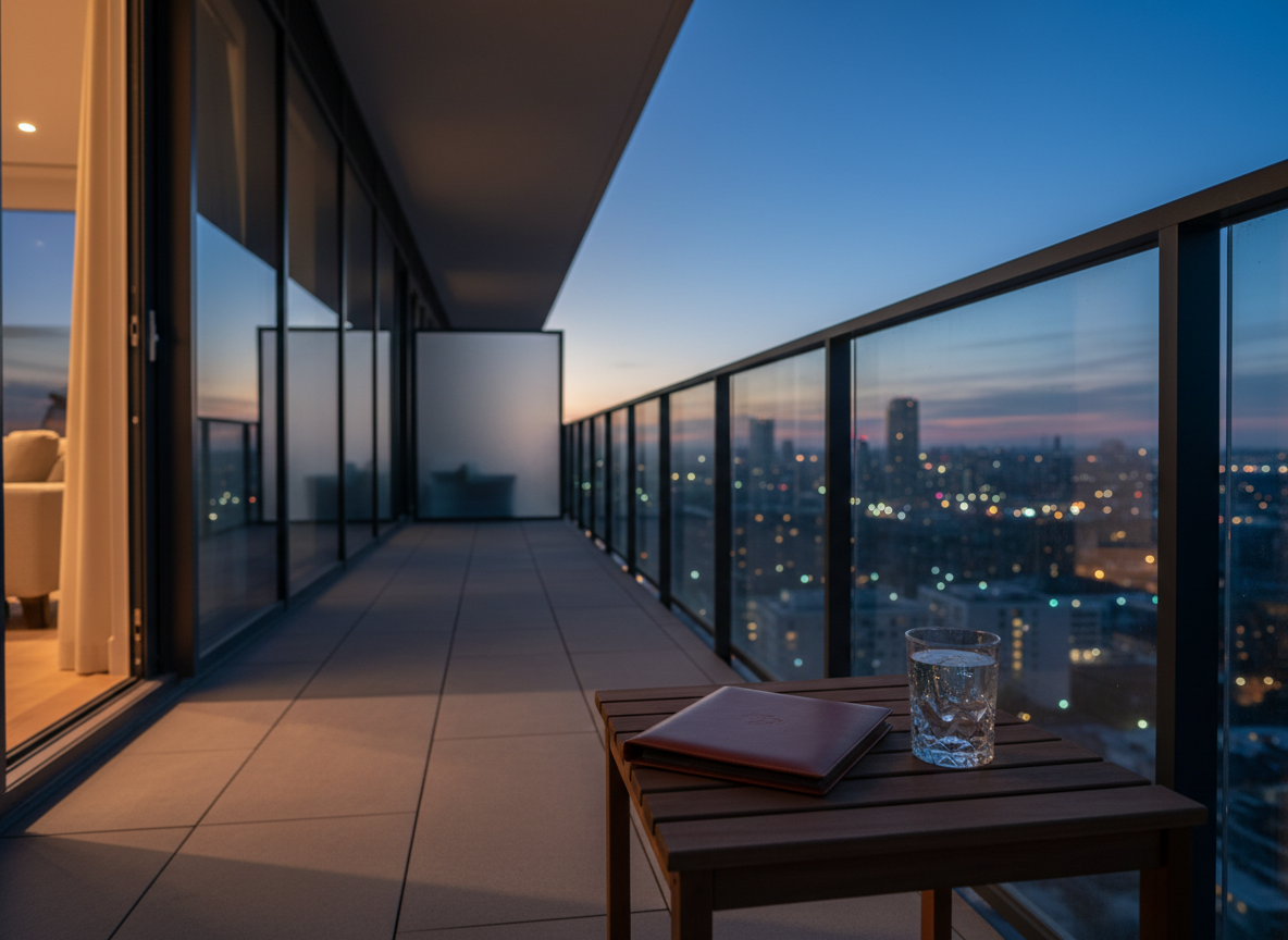 A high-end condo balcony overlooking a softly blurred city skyline at dusk, rendered in clean, photographic realism. The balcony has clear glass railings with slim black metal frames and smooth gray porcelain tile flooring. In the foreground, a small rectangular outdoor table made of dark, slatted wood holds a single, closed leather-bound property folder and a clear glass of sparkling water catching the fading light. Warm ambient light spills from the interior through a large sliding glass door, contrasting with the cool blue tones of the evening sky. Shot from a low, slightly angled perspective to emphasize depth and the expansive urban view beyond. The atmosphere is sophisticated, calm, and aspirational, ideal for marketing luxury urban real estate.