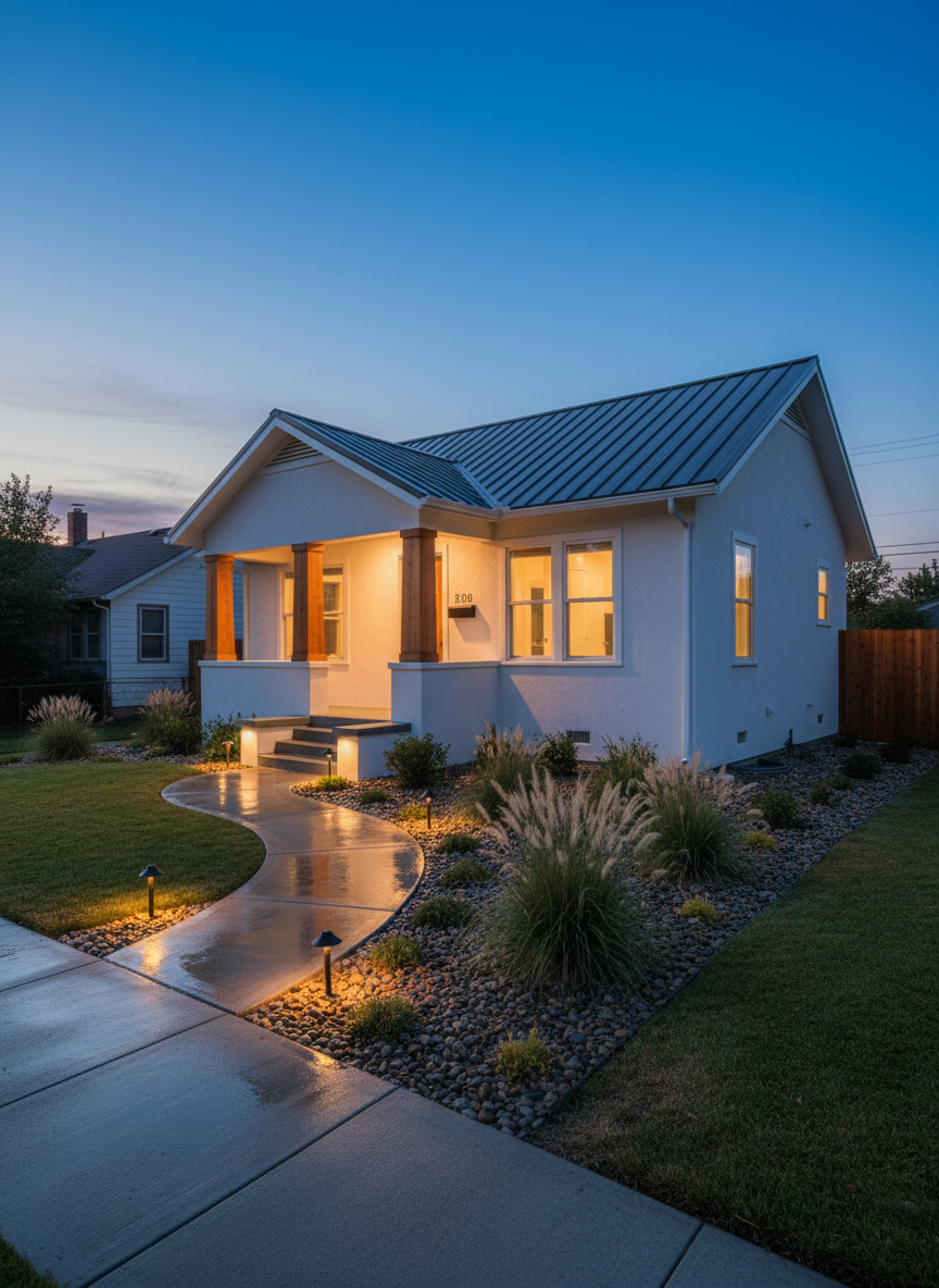 An evening exterior of a tastefully renovated bungalow, photographed in realistic, high-clarity detail to showcase curb appeal. The home features smooth white stucco walls, a medium-gray metal roof, and a covered front porch supported by squared wooden posts in a warm cedar tone. Discreet, warm-toned LED lights illuminate the pathway and highlight the landscaping: structured ornamental grasses, small shrubs, and river rock beds. The concrete walkway curves gently from the sidewalk to the front steps, its surface lightly glistening as if from a recent watering. The sky holds the last blue light of dusk, while interior windows glow softly, suggesting comfort within. Shot from a slightly low, three-quarter angle with a wide lens, the composition emphasizes the home’s welcoming, secure presence and upgraded features.
