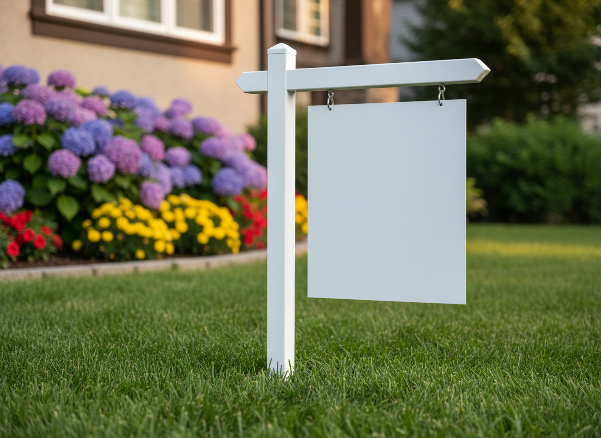 A detailed close-up of a freshly installed real estate "For Sale" sign in front of a manicured property, captured in crisp photographic realism. The sign features a clean white post with a horizontal arm and a rectangular panel hanging from sturdy metal hooks. The panel is blank white, ready for branding, with a subtle gloss that catches soft afternoon sunlight. Behind the sign, a blurred background reveals vibrant landscaping: blooming flowers, a neatly edged lawn, and part of a well-kept house facade in warm neutral tones. Shot at a slight upward angle, the composition uses shallow depth of field to keep the focus on the sign, conveying a sense of opportunity, professionalism, and new beginnings in a calm, optimistic mood.