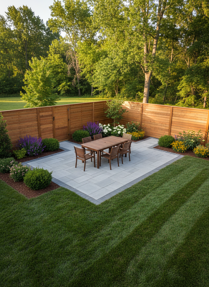 A serene suburban backyard designed to appeal to homebuyers, shown in photographic realism. The central focus is a well-defined stone patio with smooth, light gray pavers arranged in a subtle geometric pattern. A rectangular, dark-wood outdoor dining table sits at the center, its surface clean and empty, ready for future gatherings. Surrounding the patio is a lush, freshly mowed lawn bordered by tidy planting beds filled with low-maintenance shrubs and seasonal flowers. A wooden privacy fence in a soft natural stain encloses the yard, while late afternoon sunlight filters through the trees, creating dappled patterns on the grass and stone. Shot from a slightly elevated, wide-angle perspective, the image feels peaceful, private, and meticulously maintained, ideal for showcasing outdoor living potential.
