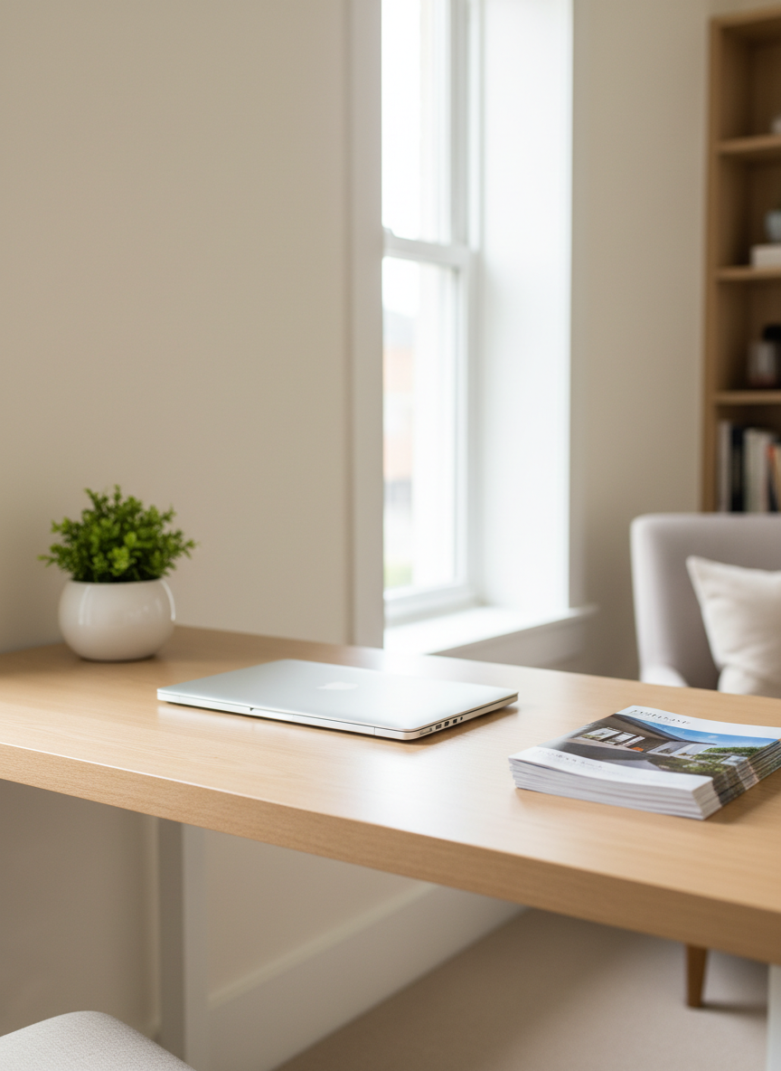 A tidy home office corner staged for real estate photography, featuring a minimalist light-wood desk with a smooth, matte finish and a closed silver laptop centered on top. A small, healthy green plant in a white ceramic pot sits at one corner, while a neat stack of property brochures rests on the other. The desk is placed against a soft, warm white wall with a large window to the side, allowing diffused natural daylight to flood the space. The light creates delicate reflections on the laptop and a gentle shadow under the desk. Captured at eye level with a shallow depth of field, the background softly blurred to keep focus on the workspace. The mood is professional, organized, and quietly productive, ideal for showcasing a versatile room for buyers.